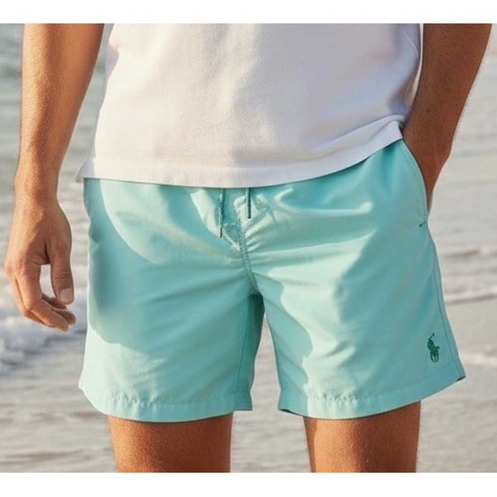 Polo Ralph Lauren Men's Teal Green Mesh Lined Swim Trunks Mid Rise Drawstring M